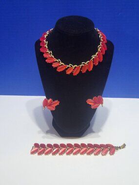 Vintage Kramer Signed Thermoset Leaf Jewelry Set Red Moonglow Lucite